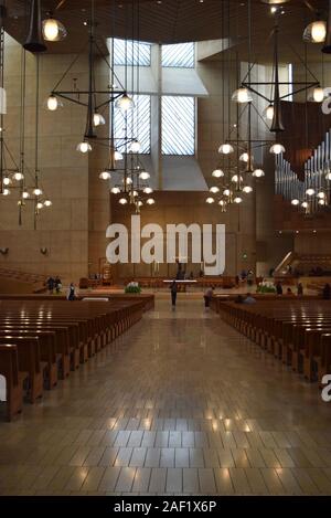 Interior and main altar space of the Cathedral of Our Lady of the Angels. Designed by Spanish architect Rafael Moneo. Stock Photo