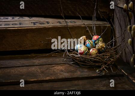 Easter eggs in twig nest Stock Photo