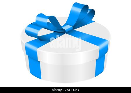 Gift box decorated with shiny blue ribbon. Round box Stock Vector