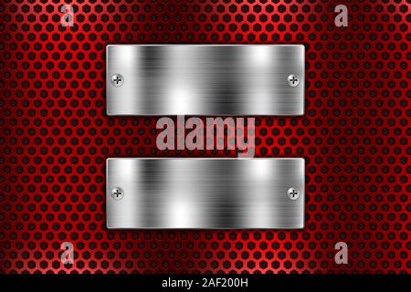 Metal shields on red perforated background Stock Vector