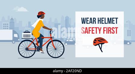 Wear helmet when riding a bike, woman cycling in the city street wearing a helmet, safety concept Stock Vector