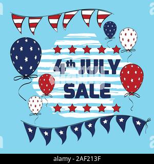 4th July sale banner vector design with patriotic party flags on string. American Independence Day vector elements Stock Vector