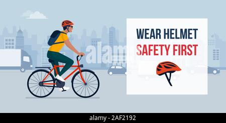 Wear helmet when riding a bike, man cycling in the city street wearing a helmet, safety concept Stock Vector