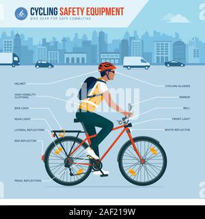 Cycling safety equipment and gear for safe commuting in the city, vector infographic Stock Vector