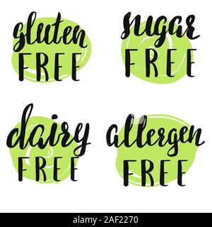 Hand lettered set of labels on organic, natural and healthy food. Stock Vector