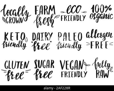 Set of dietary food labels written by hand. Stock Vector