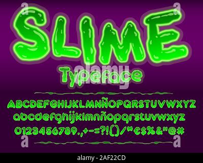 Green glowing toxic slime font. Halloween letters illustration. Vector alphabet with numbers and glyphs. Stock Vector