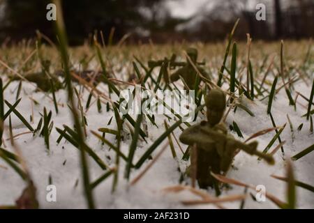 Miniature Army Men Marching Through the Snow Stock Photo