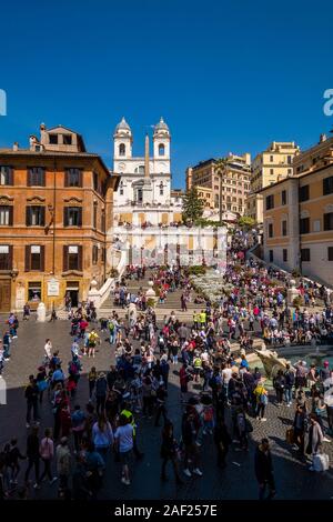 Aerial view of the Spanish Steps, Scalinata di Trinità dei Monti and the Fountain of the Boat, Fontana della Barcaccia, visited by hundreds of people Stock Photo