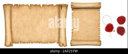 Set of old papers and vintage manuscript and papyrus scroll with wax seals isolated on white background. Stock Photo