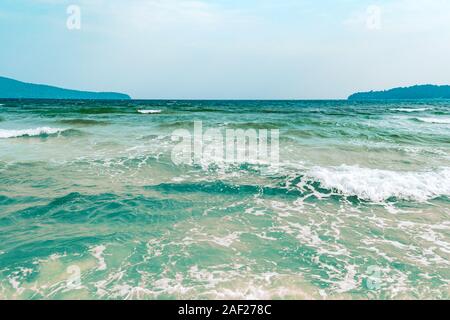 Seascape with sea horizon and almost clear deep blue sky - Background Stock Photo