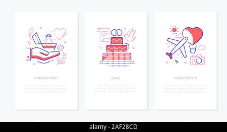 Wedding and marriage - line design style banners set Stock Vector
