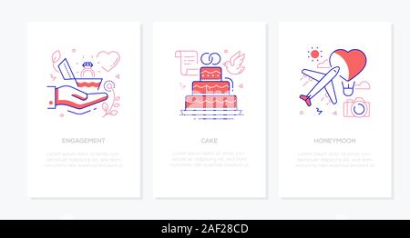 Wedding and marriage - line design style banners set Stock Vector