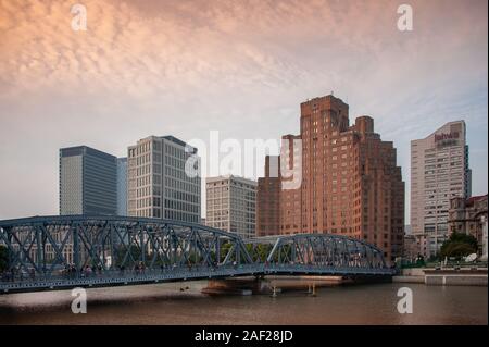 Shanghai, China - November 2019: Waibaidu bridge at sunset Stock Photo