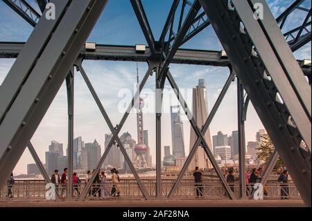 Shanghai, China - November 2019: View to the iconic Pudong skyline from the Waibaidu Bridge Stock Photo