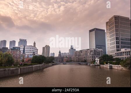 Shanghai, China - November 2019: View to the old quarter, Shanghai along the Suzhou (formerly Wusong) River. Stock Photo