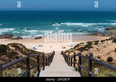 Porto Covo, Portugal - July 19, 2019: People at the Malhao Beach (Praia do Malhao) in Porto Covo, in Alentejo, Portugal. Stock Photo