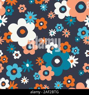 Bold Retro Graphic Large Scale Floral Vector Seamless Pattern. Simplistic Oversized Hand Drawn Colourful Daisies, Blooms on Dark Grey Background. Mini Stock Vector