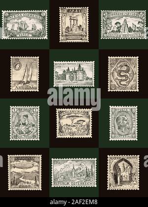 Vintage Postage stamps. Ancient landscapes, dragon and sailing ship ...