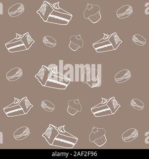 Macaroon cheesecake, cupcake and cookies on a brown background, hand-drawn, vector background for design. Stock Vector