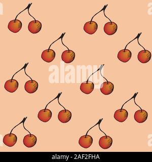 Color sketch of red cherry on a peach background, hand-drawn, vector background for design. background Stock Vector