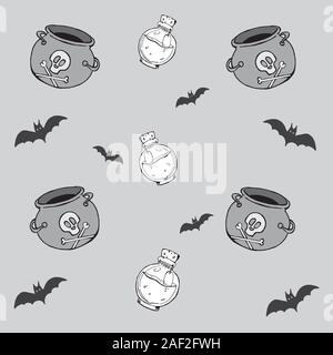 Bats, potion cauldron and bottles with potions on a gray background, hand-drawn, vector background for design. monochrome background Stock Vector