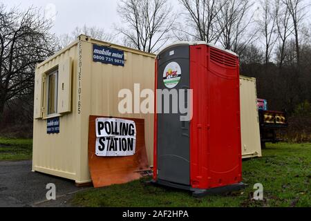 A converted shipping container which is being used as a polling station in Dudley, West Midlands, in the 2019 General Election. Picture date: Thursday 12th December 2019. See PA story POLITICS General Election. Photo credit should read: Jacob King/PA Wire Stock Photo