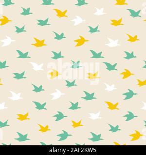 Crane Birds Japanese Seamless Pattern with Simple Birds Silhouettes for wall paper wallpapers, backdrops or fabric textile. Flying elegant black swallows, hand-drawn ink illustration on white blackground Stock Vector