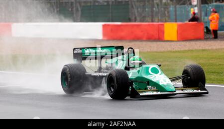 Martin Stretton driving a Tyrrell 012 in the rain, during the Sir Jackie Stewart FIA Masters Historic Formula One Race at the 2019 Silverstone Classic Stock Photo