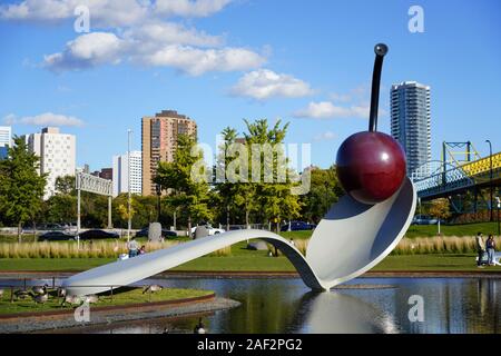 The Spoonbridge and Cherry at the Minneapolis Sculpture Garden. It is one of the largest urban sculpture gardens in the country. Stock Photo
