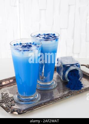 This blue latte is colored with natural phycocyanin extracted from blue spirulina algae Stock Photo