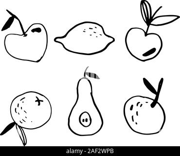 Set fruits apples, pear, tangerines, lemon isolated on white background in doodle style. Vector Stock Vector