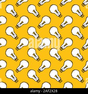 Hand drawn seamless pattern with white light bulbs isolated on orange background. Vector Stock Vector