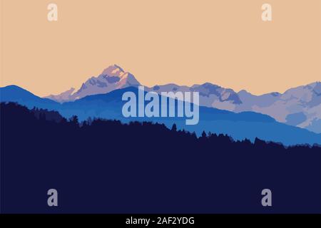 Beautiful twilight landscape with alpine peaks in background and fir forest silhouette in foreground. Landscapes, nature and mountaineering concepts. Stock Vector