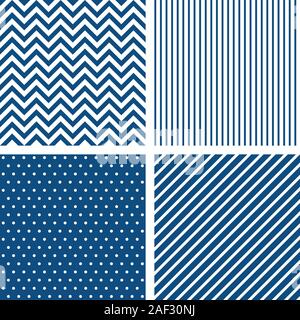 Set of vector seamless patterns in classic blue color. Striped, chevron, polka dots backgrounds Stock Vector