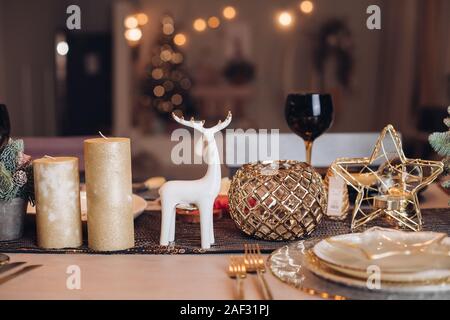 Beautiful table is setting for Christmas dinner Stock Photo