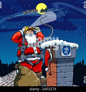 Santa Claus near chimney. In the background sleigh with reindeer on starry sky and full moon Stock Vector