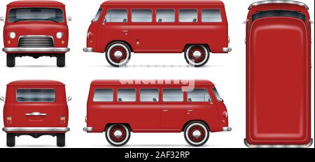 Old red van vector mockup on white background. Isolated mini bus view from side, front, back and top. All elements in the groups on separate layers Stock Vector