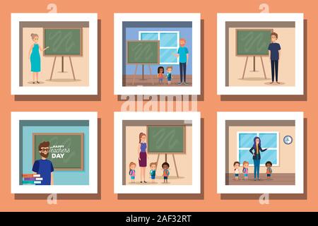 set designs of happy teachers day in the classroom Stock Vector