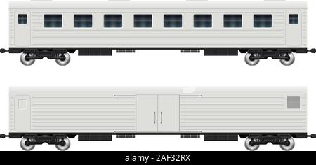 Railroad cars - cargo and passenger view from side. Train wagons on white background vector illustration. Easy editing and recolor Stock Vector