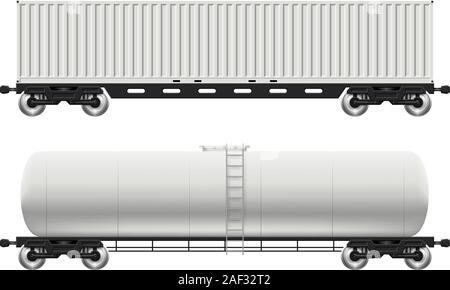 Railroad cars - tank and container view from side. Cargo train wagons on white background vector illustration. Easy editing and recolor Stock Vector