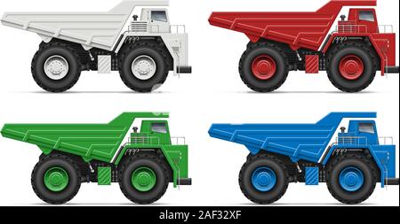 Quarry dump trucks view from side isolated on white background. Construction and mining vehicle vector template, easy editing and recolor Stock Vector