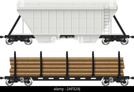 Railroad cars - hopper and log with view from side. Cargo train wagons on white background vector illustration. Easy editing and recolor Stock Vector