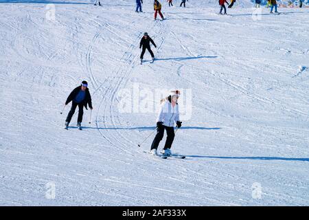 People Skier skiing on ski resort Penken Park Austria Stock Photo