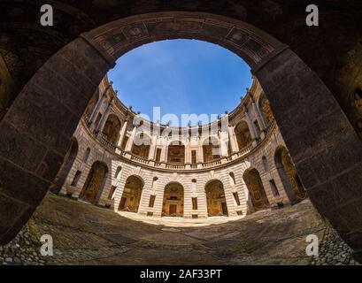 Panoramic view of the circular inner courtyard of Villa Farnese, also known as Villa Caprarola, a massive Renaissance building Stock Photo
