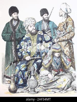 National costume, clothes, history of the costumes, man from Khiwa, emir from Buthara, Tete-Turkomane, girls from Samarkland, police soldier from Bukhara, in 1880, Volkstracht, Kleidung, Geschichte der Kostüme, Mann aus Khiwa, Emir aus Buthara, Mädchen aus Samarkland, Polizeisoldat aus Bukhara, 1880 Stock Photo