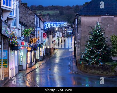 Christmas tree and the High Street at Pateley Bridge at Christmas Nidderdale AONB North Yorkshire England Stock Photo