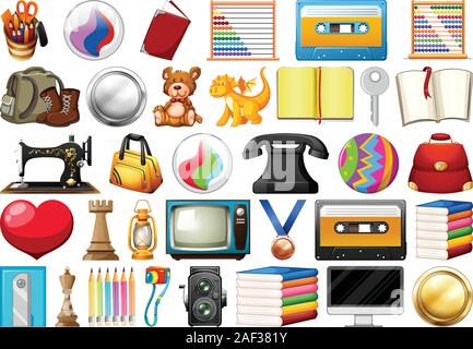 Assorted office, home and school related objects and toys isolated illustration Stock Vector