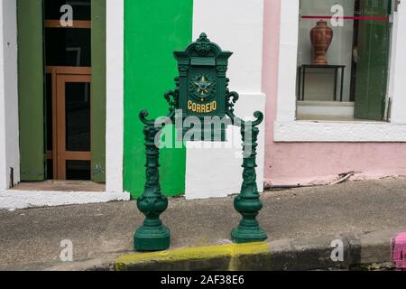 Salvador, Bahia, Brazil - Circa September 2019: Old style Correios post office box in Pelourinho, historic center of Salvador Stock Photo