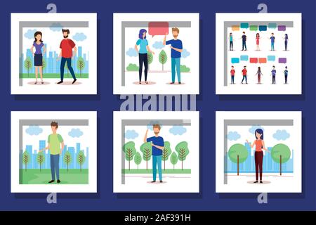 bundle with set designs of young people talking Stock Vector